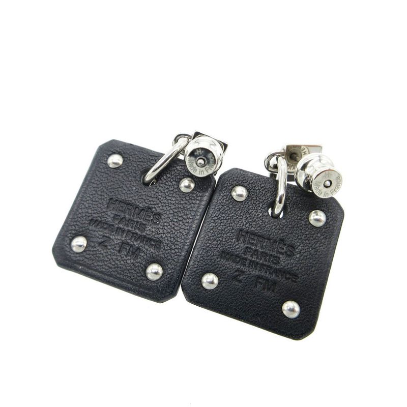 Hermes As De Coeur Heart Earrings Leather/metal Black/silver Stamped Z 0268