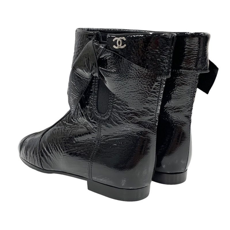 Chanel Boots Short Boots Shoes Patent Black Here Mark Wrinkled Side Gore Ribbon