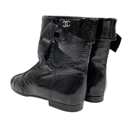 Chanel Boots Short Boots Shoes Patent Black Here Mark Wrinkled Side Gore Ribbon