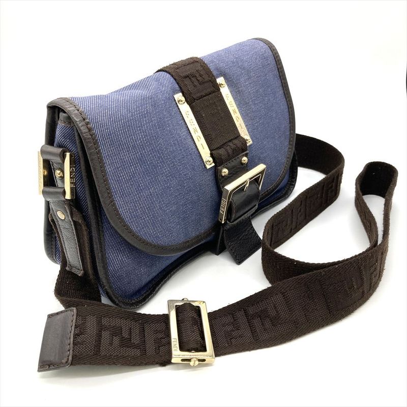 Fendi Shoulder Bag Denim Blue Gold Hardware Women