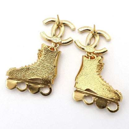 Chanel Roller Skate Earrings F24 COCO Mark Faux Pearl Rhinestone Gold Color