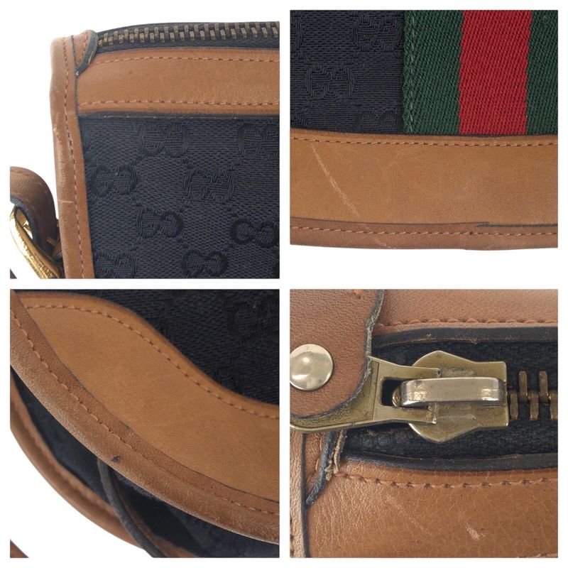 Gucci Vintage Old Gucci Sherry Line Black Brown GG Canvas/leather Shoulder Bag