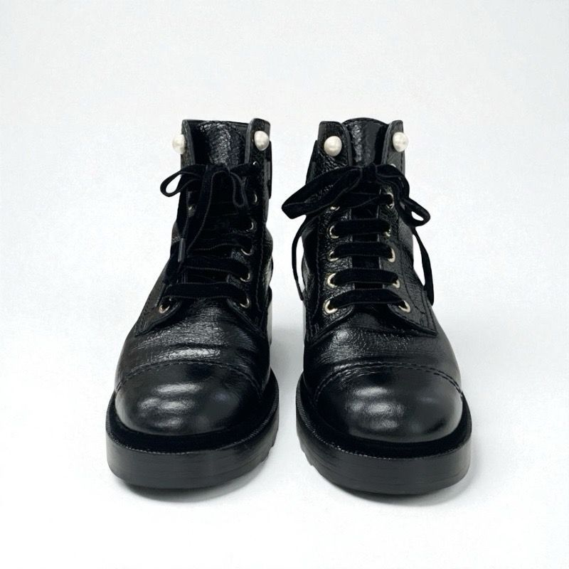 Chanel Boots Short Boots Shoes Leather Velor Black Coco Mark Pearl Lace Up