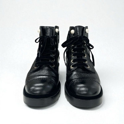 Chanel Boots Short Boots Shoes Leather Velor Black Coco Mark Pearl Lace Up