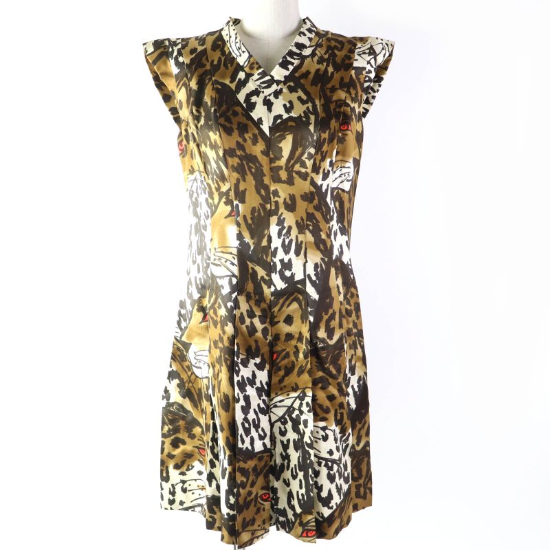 Louis Vuitton 100% Silk Leopard Print V-neck French Sleeves Pleats Dress Brown