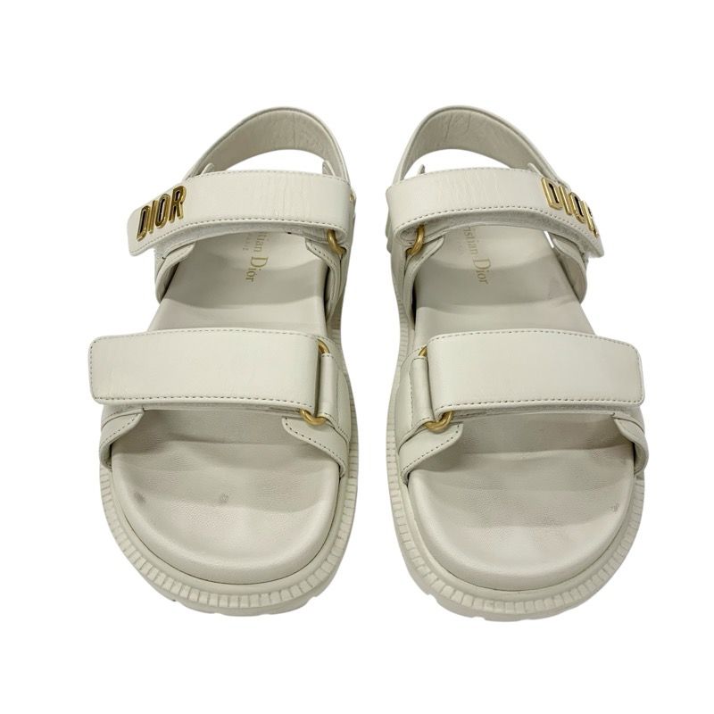 Christian Dioract Sandals Shoes Lambskin Ivory Gold Logo Velcro Strap