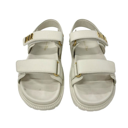 Christian Dioract Sandals Shoes Lambskin Ivory Gold Logo Velcro Strap