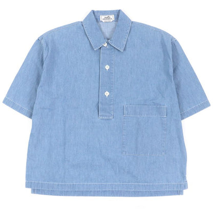 Hermes 23SS Cotton Half Button Patch Pocket Pullover Short Sleeve Shirt Indigo