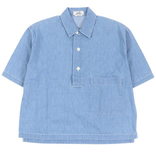 Hermes 23SS Cotton Half Button Patch Pocket Pullover Short Sleeve Shirt Indigo