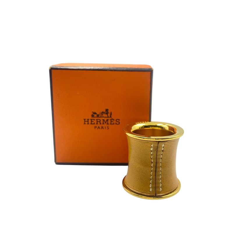 Hermes Scarf Ring Leather Gold Tube Shape Brown Gold