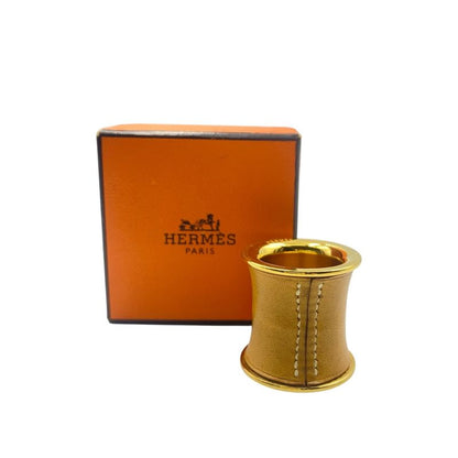 Hermes Scarf Ring Leather Gold Tube Shape Brown Gold