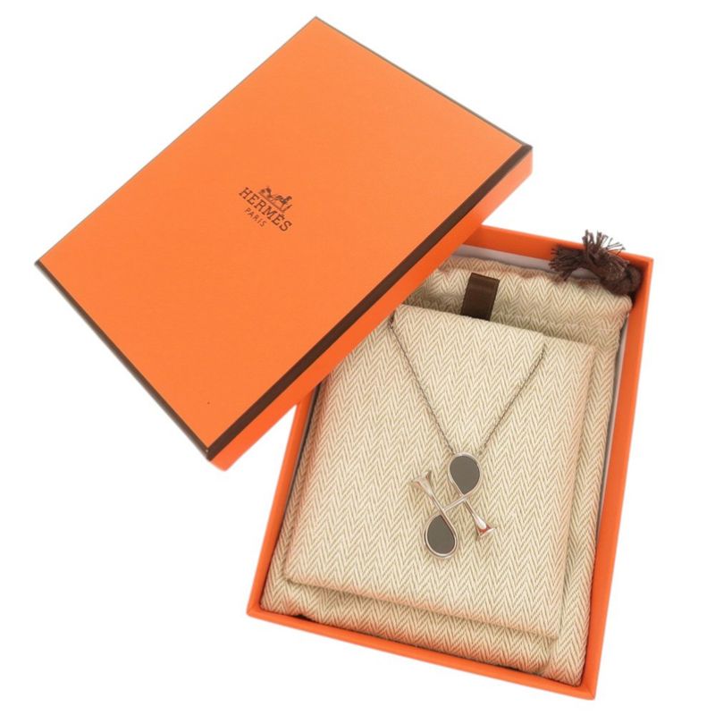Hermes Col H Metal Leather Silver Gray Necklace Pendant 1333 Hermes