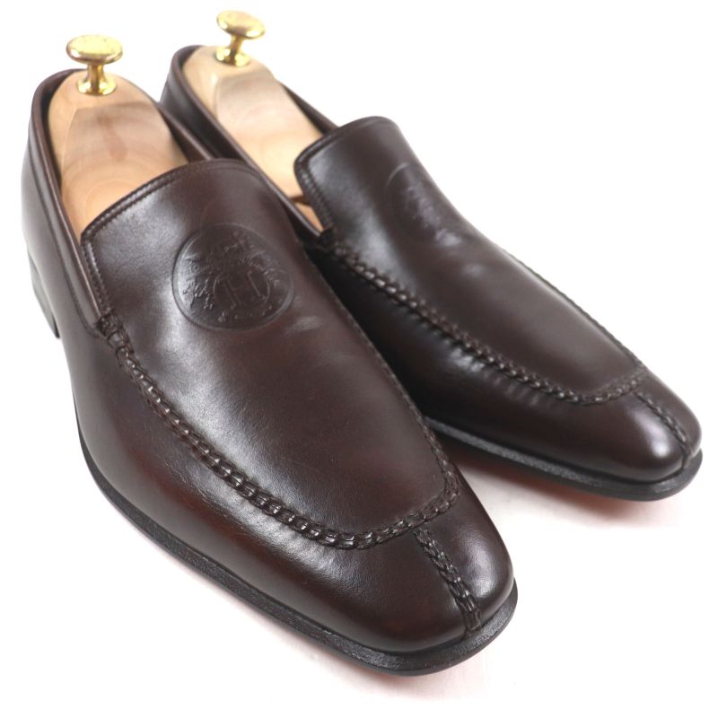 Hermes Logoed Square Toe Leather Shoes Loafers Dark Brown 40 With Box And