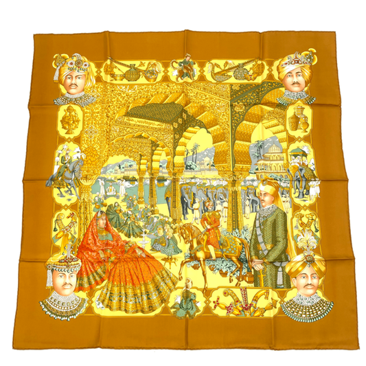 Hermes Carre 90 Silk Scarf Splendeur DES Maharajas Splendor Yellow Multicolor