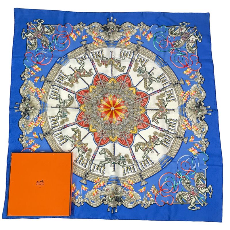 Hermes Carre 90 Scarf Silk LUNA PARK Amusement Park Merry-go-round Blue With Box