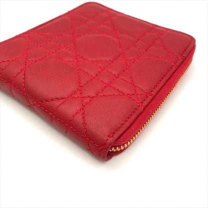 Dior Lady Cage Leather Bifold Round Compact Wallet Red