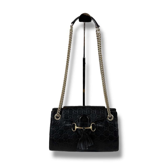Gucci Chain Mini Shoulder Bag Sima Leather Black 2WAY Tassel Horsebit