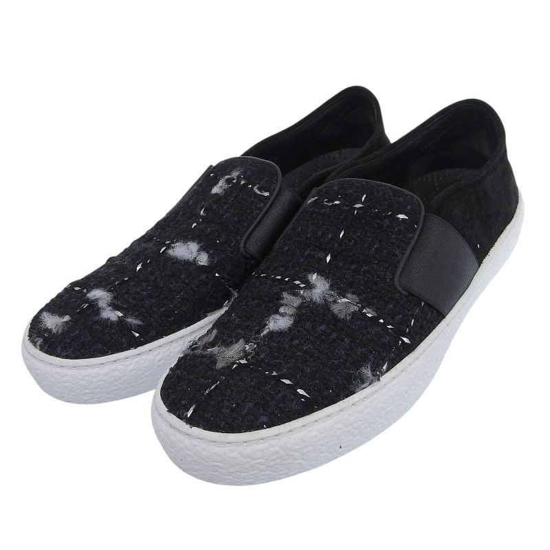 CHANEL G31713 Coco Mark Suede Leather Use Tweed Switch Slip-on Black 38 Made