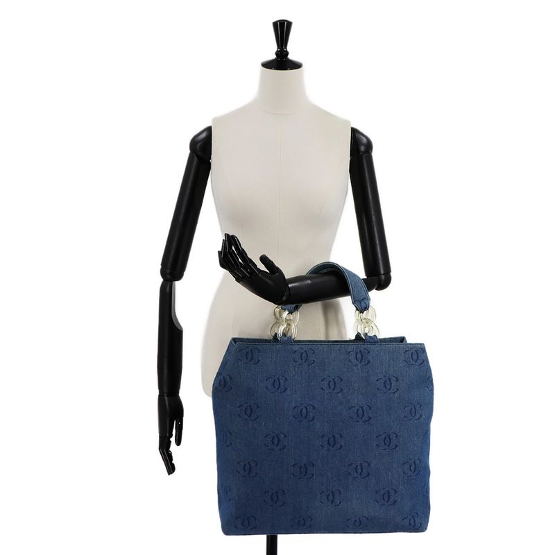 Chanel Plastic Chain Tote Bag Denim Blue Vintage Silver Hardware Coco Mark Tote