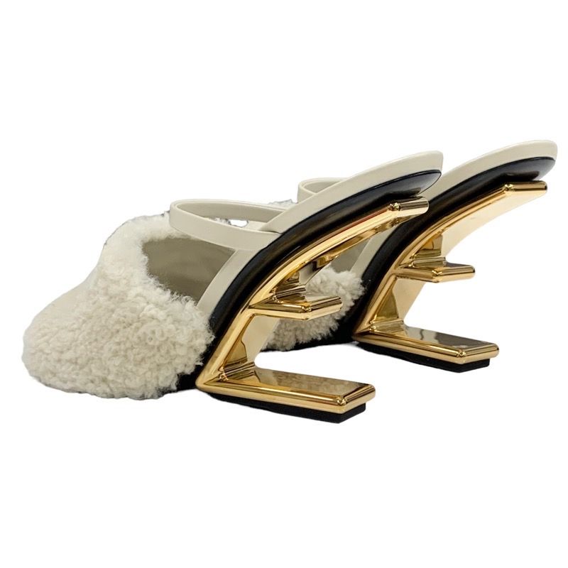 Unused Fendi First Sandals Mule Party Shoes Metal Heel Sheepskin Beige