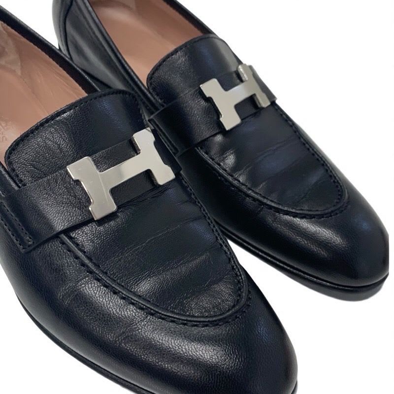 Hermes Paris Loafers Shoes Leather Black Silver Moccasins Flat Hhardware