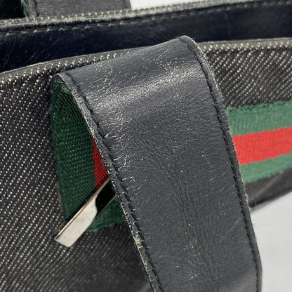 Gucci Tote Bag Sherry Line 73983 Denim Black Silver Hardware Women's