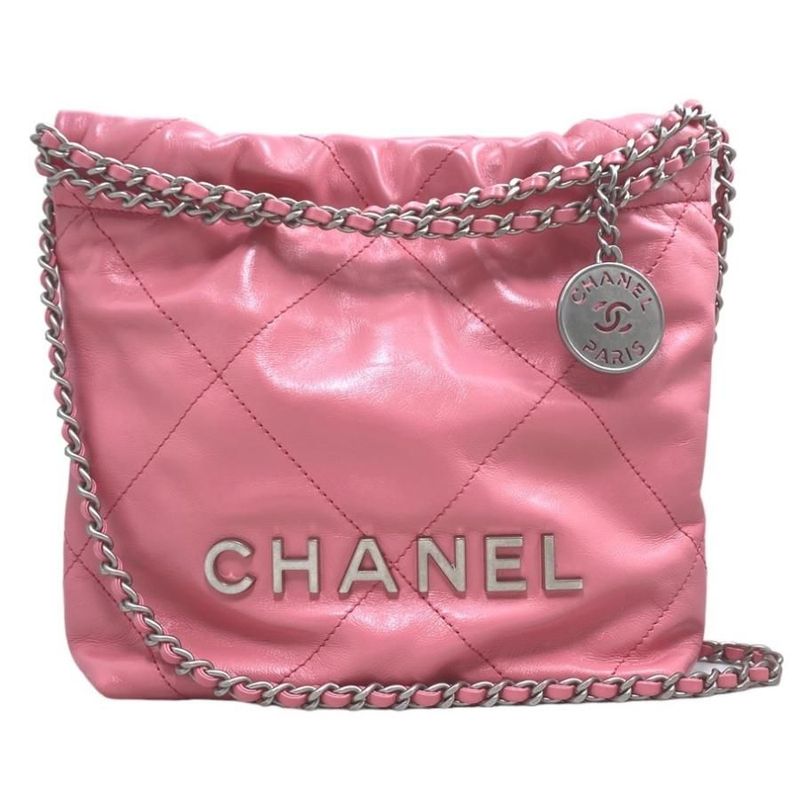 Chanel 22 Mini Handbag Shoulder Bag As3980 Shiny Calfskin Logo Chain Pink