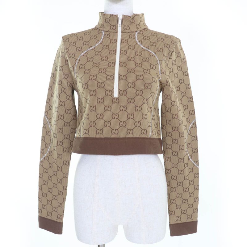 Gucci 23SS 715524 GG Pattern Cropped Front Zip Long Sleeve Top Brown M Made In