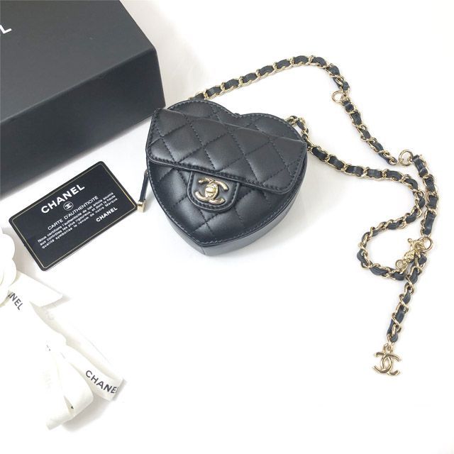 Chanel Heart Chain Wallet Quilted Lambskin Shoulder Bag Black Gold