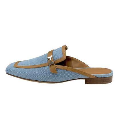 Hermes Groupie Flat Shoes Denim Leather Light Blue Brown Unused Mule Slipper