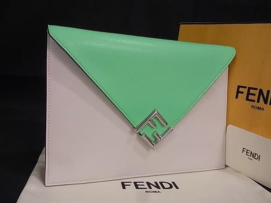 Fendi FF Diamond Leather Clutch Bag Second Bag Green And Light Beige Fa3647