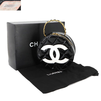 Chanel Matelasse Round Vanity Hand Bag Enamel Black White Vintage Gold Hardware