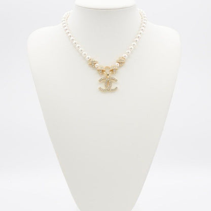Chanel Necklace Pendant Choker Gold Coco Mark Rhinestone Pearl