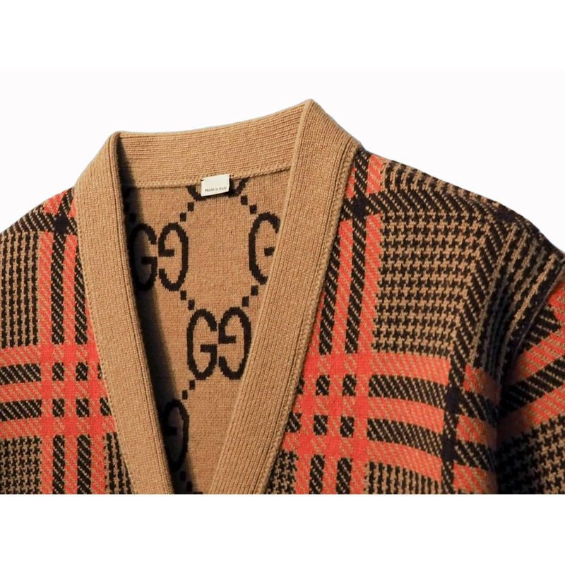 Gucci GG Wool Check Reversible Cardigan Glen Check Woven Long Sleeve Women's V