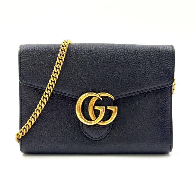 Gucci GG Marmont Chain Shoulder Chain Wallet Leather Black Shoulder Bag Gold