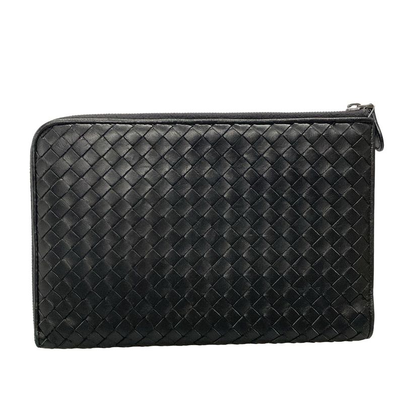 Bottega Veneta Intrecciato Black L-shaped Zipper Clutch Leather