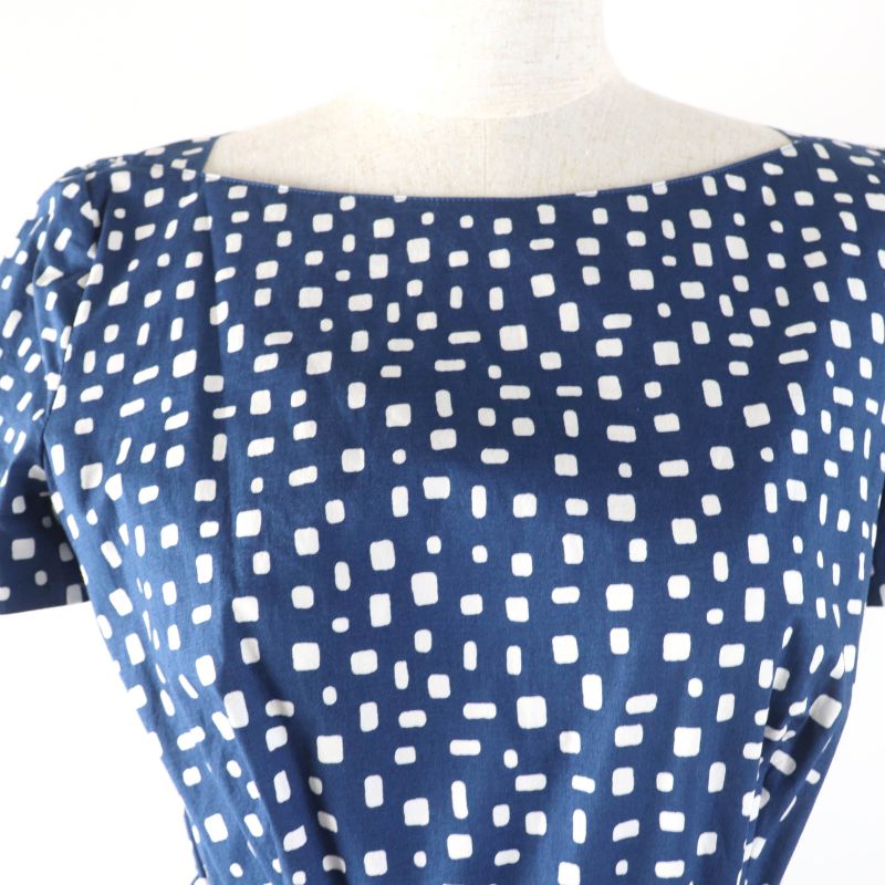 Prada Cotton Beautiful Silhouette Pleated Short Sleeve Dress With Belt Navy 40