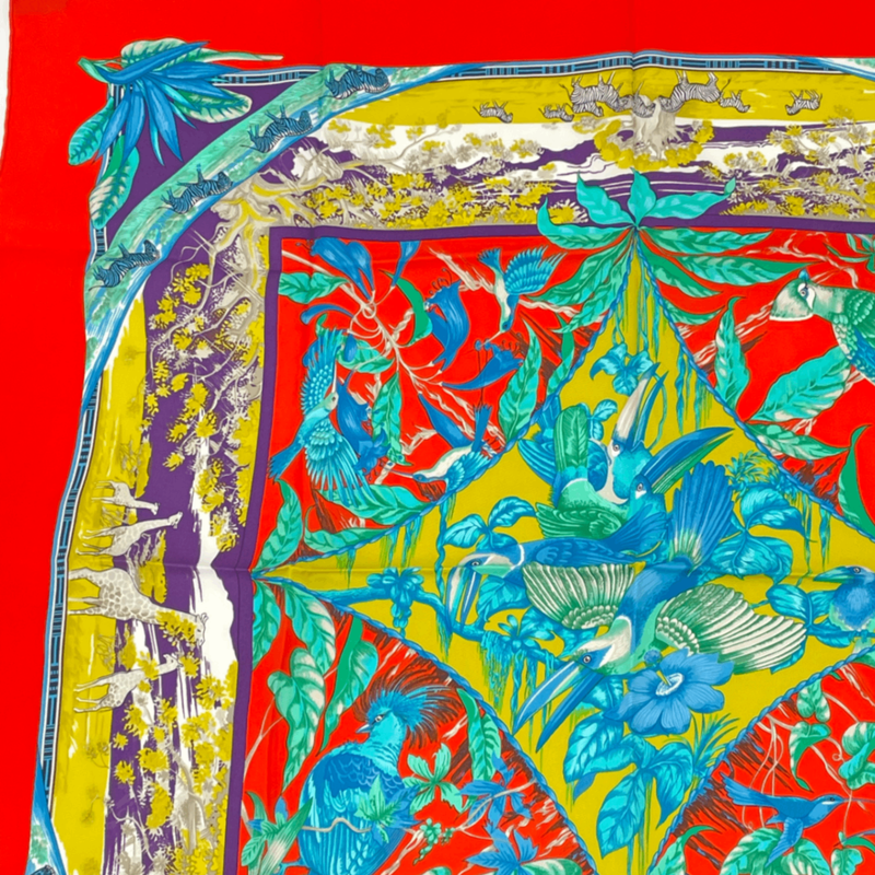 Hermes Tropioues Tropic Red Multicolor Silk Scarf
