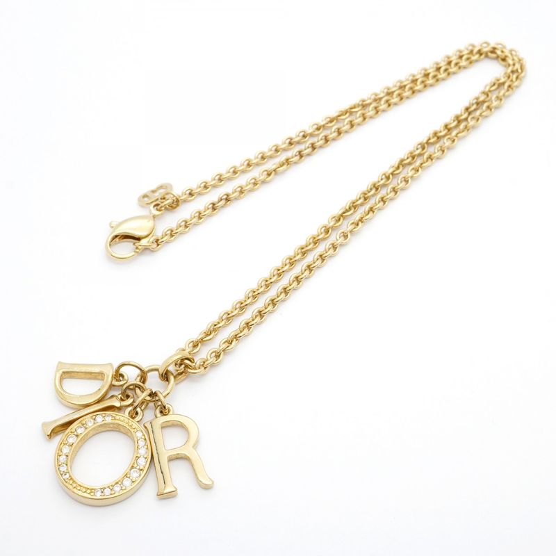 Christian Dior Necklace Dior Logo GP Plated Rhinestone Gold Ladies
