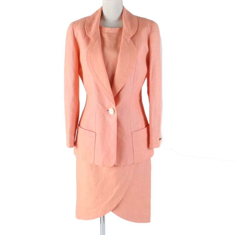 CHANEL Vintage 100% Linen Jacket And Dress Setup Ensemble Orange 36 Made In