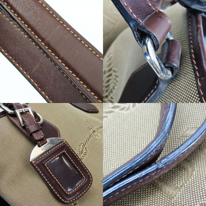 Prada Tote Canvas Leather Beige Brown Silver Hardware Logo Shoulder Casual