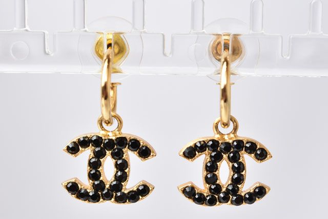 Chanel Earrings Chanel Logo CC Coco Mark Swing Rhinestone Black Gold 230913