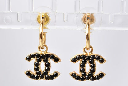 Chanel Earrings Chanel Logo CC Coco Mark Swing Rhinestone Black Gold 230913
