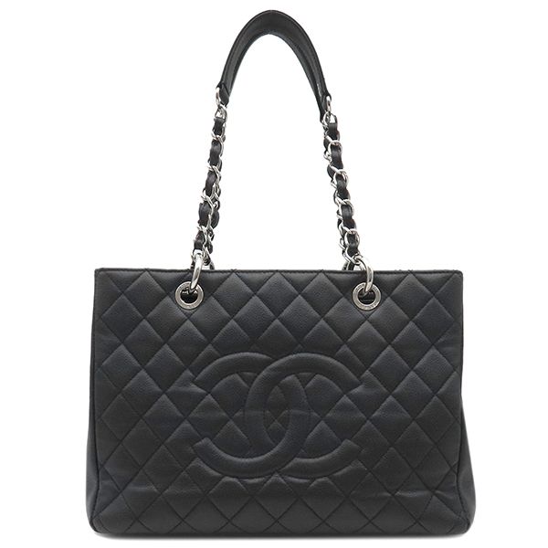 Chanel Gst Tote Bag Caviar Skin Black Silver Hardware Black Matelasse Chain