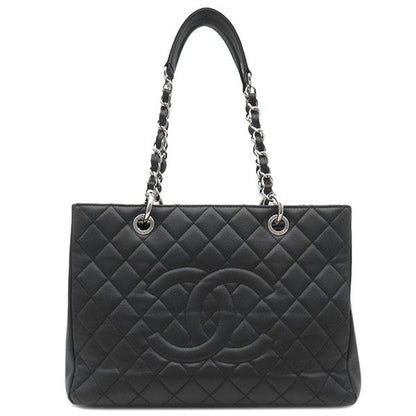Chanel Gst Tote Bag Caviar Skin Black Silver Hardware Black Matelasse Chain