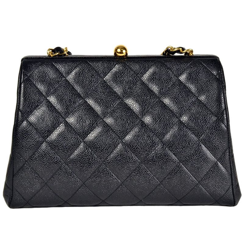 Chanel Handbag Caviar Skin Black Gold Hardware 3rd Platform Gusset Vintage