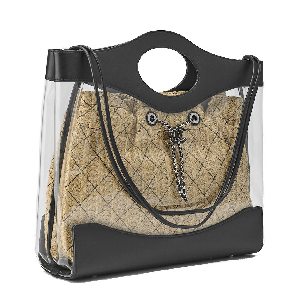 Chanel Matelasse Chain Shoulder Tote 2way Lambskin Straw Black Coco Mark