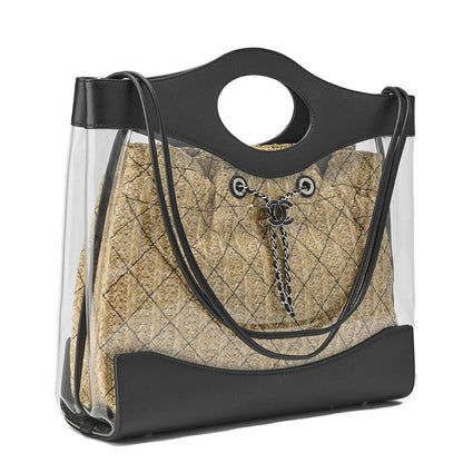 Chanel Matelasse Chain Shoulder Tote 2way Lambskin Straw Black Coco Mark
