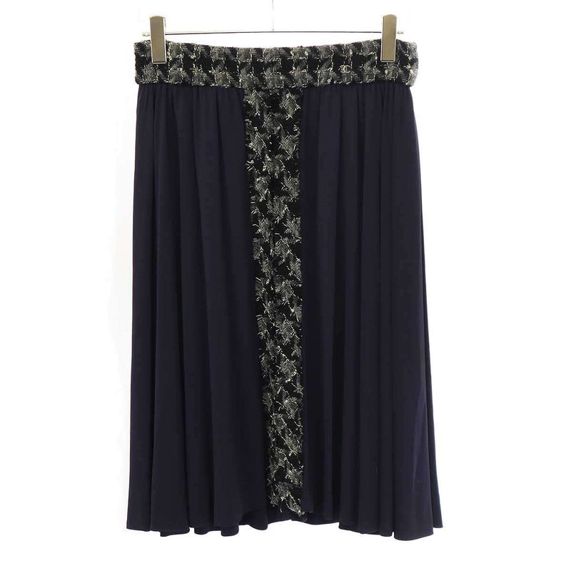 Chanel Tweed Combination Rayon Skirt P54588v41169 Navy 44