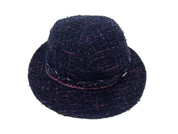 Chanel Coco Mark Cotton And Nylon Tweed Hat Hat Size 57 Women's Navy Fg1566